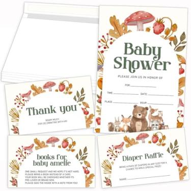 Imagem de LNOKRIM Kits de convites para chá de bebê, decoração de festa de chá de bebê animal, inclui convites cartões de agradecimento livros pedidos cartões de sorteio de fraldas 20 peças