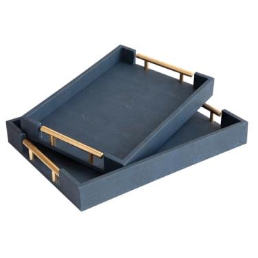 Imagem de UPPER DECOR Conjunto de 2 bandejas decorativas modernas, bandejas de couro shagreen azul, bandejas retangulares com alças de metal polido dourado, bandejas otomanas, mesa de café, perfume, cozinha