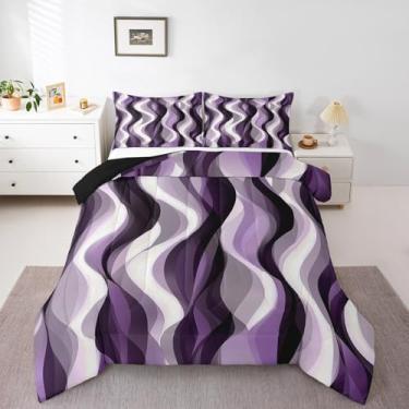 Imagem de Erosebridal Roupa de cama abstrata moderna violeta roxa tamanho casal, conjunto de edredom listrado geométrico grafite para minimalista, geometria contemporânea, linhas aquarela, inserção, colcha de