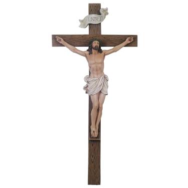 Imagem de Grace4Joy Crucifixo Cruz de parede, cruz de Jesus de 23 cm para decoração de casa católica, crucifixo pintado à mão, presentes religiosos de inauguração de casa, coleção renascentista