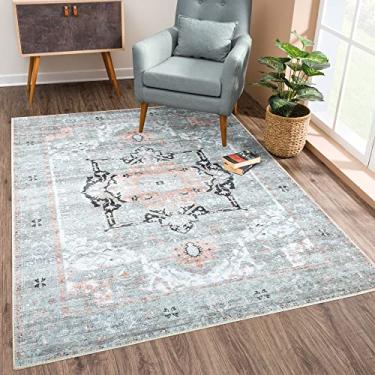 Imagem de Bloom Rugs Tapete lavável antiderrapante 1,2 m x 1,8 m - cinza/coral rosa tapete de área tradicional para sala de estar, quarto, sala de jantar e cozinha - Tamanho exato: 1,2 m x 1,8 m