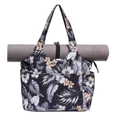 Imagem de ESVAN Bolsa de ioga, bolsa de ombro feminina, bolsa de ombro para viagem, escritório, treino, academia, enfermeira, praia (folha preta de lona)