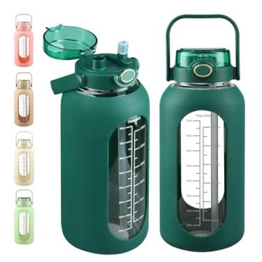 Imagem de SIEROZUR Garrafa de água de vidro de 2,2 l com canudo e tampa, jarro de água grande de galão com manga de silicone e alça de boca larga de 2,2 litros com marcador de tempo para esportes de academia e