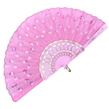 Imagem de EOSAU Ventoinhas de mão para mulheres dobráveis, leques dobráveis espanhóis portáteis, elegante, tecido pavão, lantejoulas, leques de mão dobráveis para dança em linha, lembrancinhas de festa de