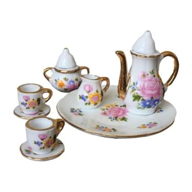 Imagem de YIJU Conjunto de xícaras de chá em miniatura para casa de bonecas, escala 1:6, decoração de cerâmica para sala de jantar de casa de bonecas, bule, prato,