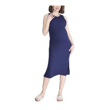 Imagem de Motherhood Maternity Vestido feminino colado ao corpo midi de malha canelada costas nadador sem mangas, Pavão, GG