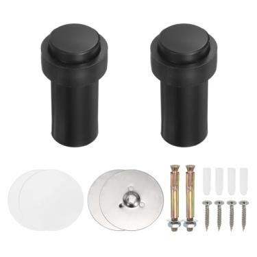 Imagem de PATIKIL 2 conjuntos de batentes de porta redondos, batente de porta de aço inoxidável de 80 mm, cunha, cilindro de metal autoadesivo com parafuso para parte inferior do piso da porta interna, preto