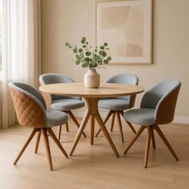 Imagem de Kit com 4 Cadeiras Giratórias com Base em Madeira Maciça Cor Mel – Exclusiva Linho Cinza