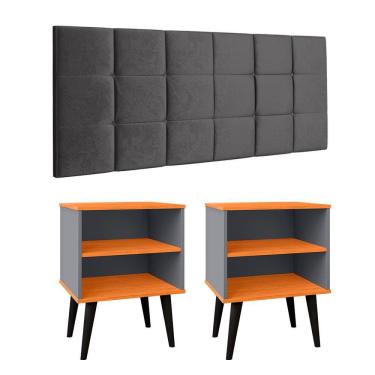 Imagem de Cabeceira Estofada Cama Box Queen Bia 1,60 Suede Kit 2 Mesinhas Nicho Prateleira Pés Palito Retrô Quarto Casal Cinza/Cinamomo - RPM