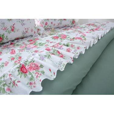 Imagem de Lençol de cima com babados florais rosa estampado com flores 100% algodão, solteiro ou solteiro, tamanho GG, 1 peça