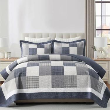 Imagem de SOElinens Colchas Queen Size – Conjunto de colcha moderno com design xadrez com fronhas combinando, conjunto de cama queen 100% algodão, colcha reversível para todas as estações, azul/cinza/marfim