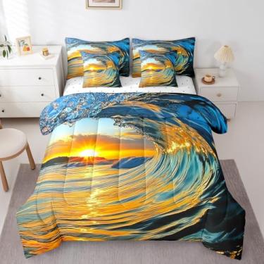 Imagem de Feelyou Conjunto de edredom King com estampa de ondas do oceano, 7 peças, pôr do sol, oceano, mar, natureza costeira, verão, praia, férias em uma bolsa com edredom, lençóis, fronhas e capa de almofada