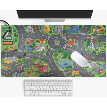 Imagem de Tapete de mesa com desenho animado de cidade e rua, estilo estético, 2GG, grande, mouse pad estendido para jogos, trabalho, escritório, computador, notebook, teclado, tapete de mesa 90,9 x 39,9 cm