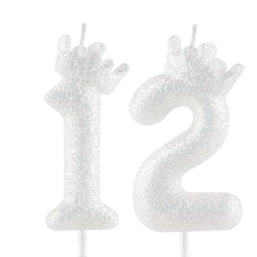 Imagem de Velas de aniversário com coroa branca com glitter 12, vela branca clássica com número de aniversário para decoração de topo de bolo, meninas, aniversário de casamento, celebração, artigos de festa