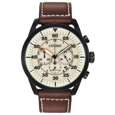 Imagem de Citizen Relógio masculino casual esportivo Eco-Drive, pulseira de couro marrom, mostrador bege, cronógrafo, data (modelo: CA4215-04W)