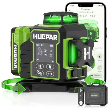 Imagem de Huepar 2024 Nova construção laser nível 3x360 autonivelamento, 3D 12 linhas Bluetooth nível laser com base giratória elétrica e grande tela LCD, 3 planos cruz verde Lazer Leveler Tool W03CG