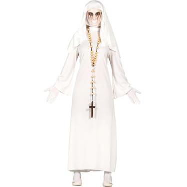 Imagem de Fantasia Padre Feminina Adulta de Halloween Roupa de Freira Branca Fantasma Vestido Longo Com Véu Medieval (P 38-40)