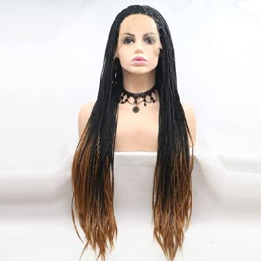 Imagem de xiweiya Micro tranças pretas com pontas loiras peruca trançada preta natural trança natural peruca frontal de renda sintética fibra resistente ao calor 180% densidade cabelo para mulheres Drag Queen