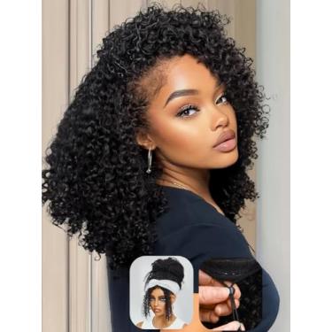 Imagem de Julia Hair Meia-perucas afro crespo encaracolado cabelo humano 4C bordas mescladas linha do cabelo com cordão 3 em 1 clipe flip over sem cola, faixa para iniciantes, encaracolado 3/4 meia peruca para
