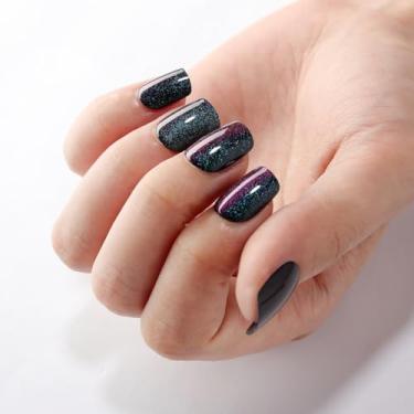 Imagem de Unhas curtas quadradas de pressão verde a preto gradiente olho de gato com cola para mulheres unhas postiças de gel ashionable unhas postiças de acrílico reutilizáveis unhas postiças femininas glitter