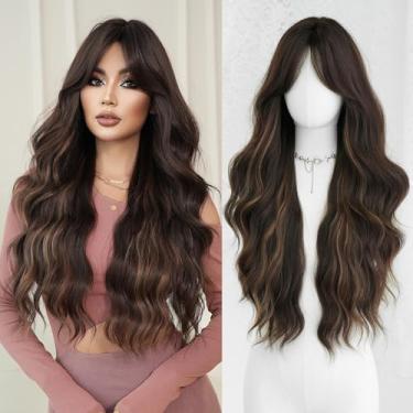 Imagem de 7JHH WIGS Perucas de 78,7 cm de comprimento castanho escuro encaracolado com destaque de cobre, fibra sintética grande, saltitante, fofa, sem cola, resistente ao calor, densidade de 160%, peruca culry