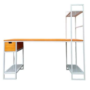 Imagem de Conjunto Escrivaninha e Estante Estilo Industrial Ferro em Branco e Ma