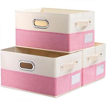 Imagem de PRANDOM Cestas de armazenamento grandes dobráveis para armário [pacote com 3] Caixas decorativas de armazenamento de tecido com alças de couro/metal para prateleiras quarto sala de estar rosa e creme
