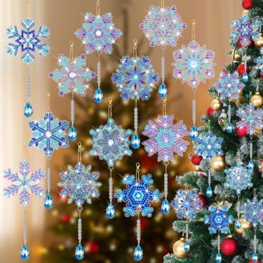Imagem de Poen 12 peças de enfeites de arte de diamante de Natal, floco de neve de inverno, apanhadores de sol, sinos de vento, férias, 5d, faça você mesmo, etiquetas de diamante, kits de chaveiros pendurados