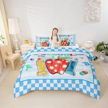 Imagem de Castle Fairy Conjunto de edredom com tema de volta às aulas, apagador de lápis, decoração moderna, para sala de aula, azul com 1 fronha para todas as estações, solteiro