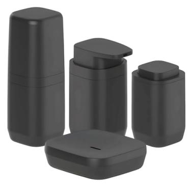 Imagem de Kit Banheiro 4pç Saboneteira + Porta Escova + Dispenser + Suporte Cotonete Algodão Preto - Ou