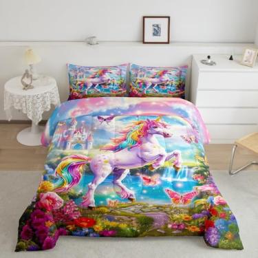 Imagem de Jogo de cama solteiro de unicórnio arco-íris para crianças, adultos, meninas, mulheres, castelo de conto de fadas, conjunto de edredom com borboleta, jardim de primavera, 2 peças, enchimento de