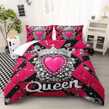 Imagem de AILONEN Conjunto de edredom solteiro com coroa de graffiti, estampa de diamantes e coração de amor rosa, 3 peças, engraçado, preto e rosa + 2 fronhas