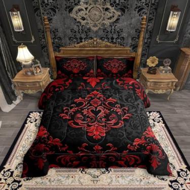 Imagem de Erosebridal Conjunto de edredom preto vermelho gótico, tamanho casal, edredom floral damasco, boêmio, exótico, gótico, para crianças e adultos, conjunto de cama de flores barroco vitoriano, 3 peças