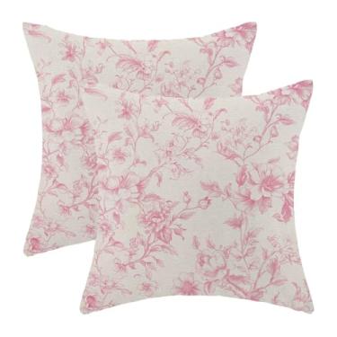 Imagem de Conjunto de 2 capas de almofada floral rosa 45,7 x 45,7 cm, chinoiserie fronha decorativa de flor rosa vintage rústica floral para área externa para sofá, sala de estar, decoração de cama