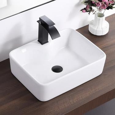 Imagem de KARAMAG Pia de banheiro 48 cm x 38 cm moderna acima do balcão retangular 48 cm com orifício para torneira, pias de banheiro de cerâmica de porcelana branca