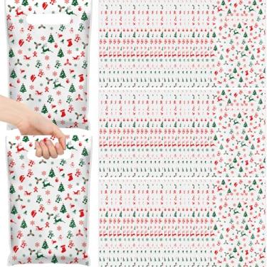 Imagem de GliCraft 100 unidades de sacos de presente de Natal com alça de plástico vermelho verde chapéu de alce de Natal sacola de presente de floco de neve sacola de petisco para festa de Natal, embalagem de