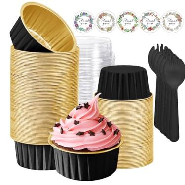 Imagem de 100 peças de copos de cupcake de folha de alumínio com tampas, mini formas de bolo com tampas e colheres, 142 g descartáveis de ramequins para assar, formas de muffin, copos de cupcake para festa