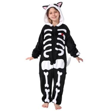 Imagem de BAOPLAYKIDS Fantasia de gato esqueleto para crianças, meninas, meninos, macacão unissex de flanela com capuz, animal de Halloween, fantasias de cosplay para crianças de 10 a 11 anos