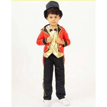 Imagem de Fantasia Infantil de Mágico de Circo, Colete Dourado, Casaco Vermelho e Calça Preta com Cartola 4 anos