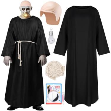 Imagem de MOVINPE Fantasia de tio de Halloween para homens, 5 peças de fantasia de monge assustador com roupão preto, boné careca, lâmpada falsa, corda de cintura e kit de pintura facial, kit de fantasia de