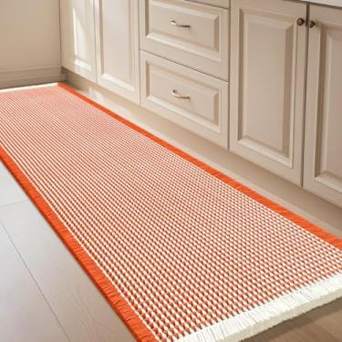 Imagem de IM HOME Tapete de banheiro waffle laranja e creme, 1,6 m x 5 cm, tapetes modernos de tecido boêmio, tapetes de banheiro absorventes antiderrapantes, tapetes de banho macios laváveis com borlas para