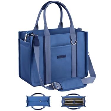 Imagem de BESBESME Bolsa feminina de lona com zíper e compartimentos – Bolsa tiracolo tiracolo com vários bolsos para laptop, Azul escuro, Medium, Organizador embutido