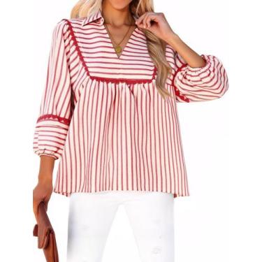 Imagem de Camisa feminina Tankaneo listrada Babydoll com decote em V e manga 3/4