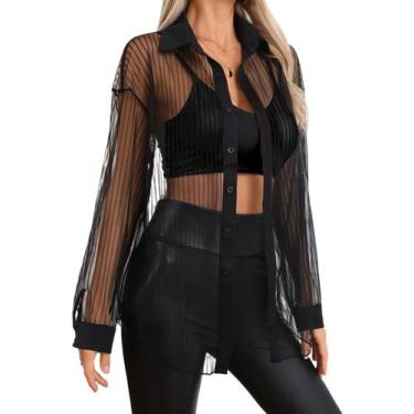 Imagem de Blusa feminina Milumia listrada de malha transparente com botões preto