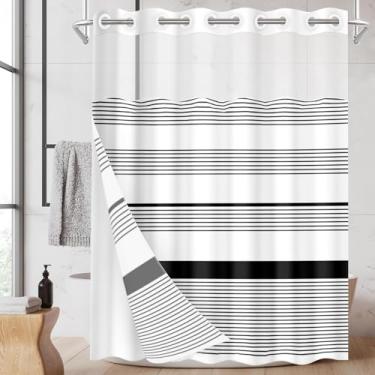 Imagem de Nesphy Cortina de chuveiro preta sem gancho com conjunto de forro de tecido de encaixe, tecido moderno listrado de camada dupla à prova d'água com janela superior transparente cortina de banho com
