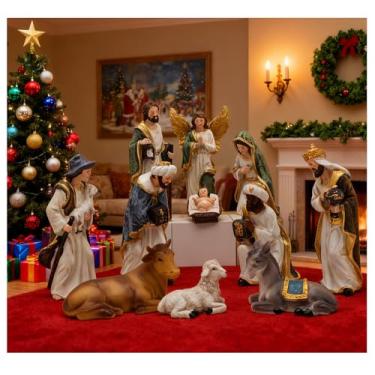 Imagem de Conjunto de presépio de 11 peças – Estátua de resina da Sagrada Família com o Bebê Jesus, Presépio para o Natal em ambientes internos, enfeites de presépio de mesa, ornamentos religiosos colecionáveis