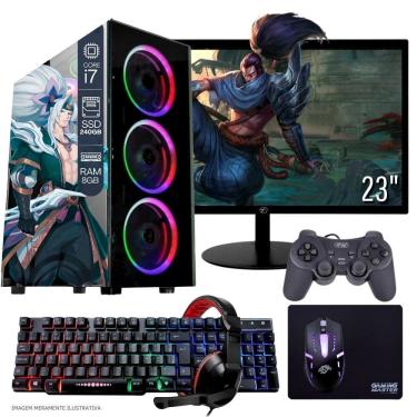 Imagem de Computador PC Gamer Completo TOB Intel Core i7 SSD 240GB 8GB Teclado Mouse Mouse Pad e Headset Gamer Joystick Monitor 23” Windows 10 Pro Trial