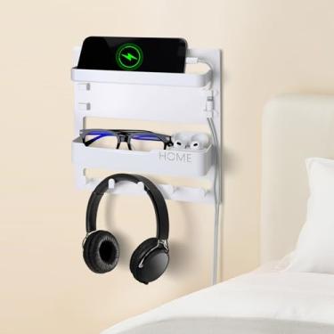 Imagem de Prateleira organizadora de cabeceira resistente para dormitório – Armazenamento adesivo de cabeceira com clipes de cabo para meninas e meninos, acessórios essenciais para quarto de adolescente