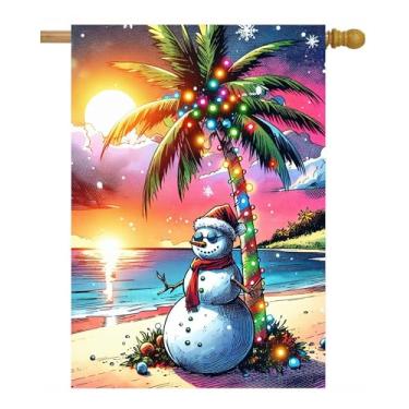 Imagem de ShineSnow Boneco de neve engraçado de inverno tropical com óculos de sol nascer do sol praia palmeira bandeira 71 cm x 101 cm poliéster dupla face bem-vindo grande bandeira de jardim bandeiras para