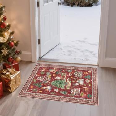 Imagem de Tortania Tapete de Natal 5 x 7 cm – Lavável Vintage Oriental Farmhouse Tapete interior macio fino para sala de estar, quarto, corredor, entrada, cozinha – Vermelho natalino